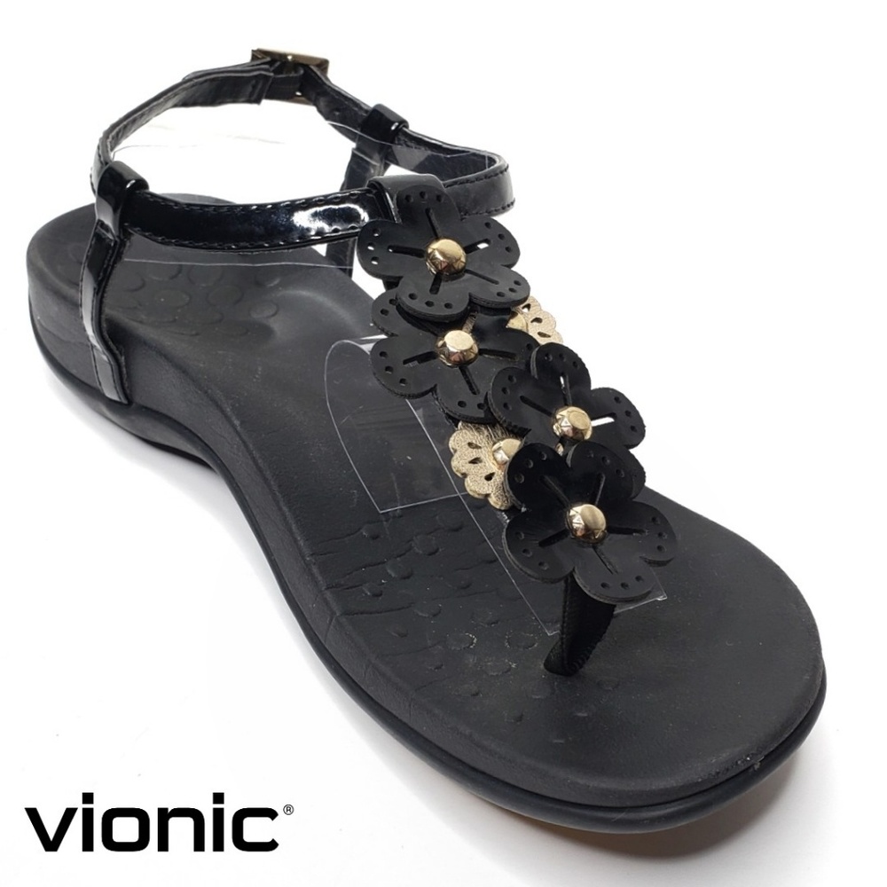 Vionic Julie Thong Sandal Black Patent Gold